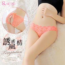誘惑風情！花朵蕾絲蝴蝶結後開檔三角褲﹝粉橘﹞