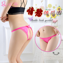 情慾後花園！免脫蝴蝶結繡花蕾絲中腰開襠褲﹝玫紅﹞