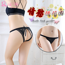 情慾後花園！免脫蝴蝶結繡花蕾絲中腰開襠褲﹝黑﹞