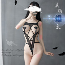 《 Enjoy Love 》情趣連身衣！美胸爆乳細帶交織Ｖ型露背連身衣﹝黑﹞