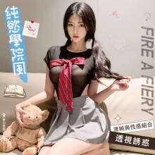 學生角色扮演服！純慾蝴蝶結高衩可開襠透視連身衣百褶短裙三件組