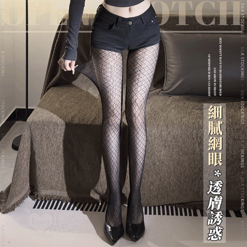 復古菱格細膩網眼透膚誘惑高腰連褲網襪﹝黑﹞