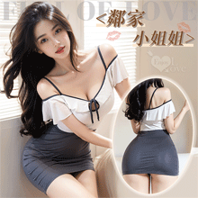 情趣睡衣！清純荷葉邊鏤空綁帶露肩包臀連身裙兩件組