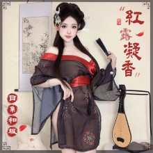 情趣和服!低領美肩日系緞面拼接薄透雪紡印花側高衩三件組