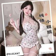 情趣睡衣!少女風交叉綁脖荷葉邊側抽繩玫瑰連身裙含襪三件組