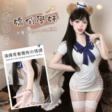 學生角色扮演服!後背交叉綁帶鏤空側腰抽褶薄紗翻領連身裙四件式套裝