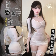 情趣睡衣!七分袖挖空露腰側抓皺薄紗透膚連身裙含吊帶絲襪四件式套裝