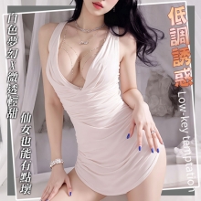 情趣睡衣!堆堆領露胸輕薄透紗綁脖後裸空繫帶兩件組﹝白﹞