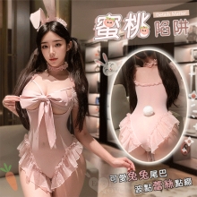 兔女郎角色扮演服！鋼圈托乳蝴蝶結高衩波點蕾絲開襠連身衣三件組