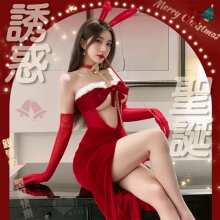 聖誕魅力／新年狂歡派對！兔耳毛絨蝴蝶結中空禮服｜側開高衩性感長裙六件式套裝