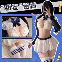 「學院藍絲」立領花邊比基尼 × 透紗露臀小短裙 裸背含襪三件組