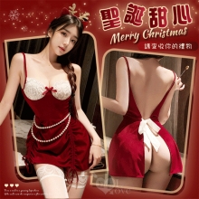 聖誕魅力/新年狂歡派對!露背綁帶 × 珠鍊纖腰 × 蜜臀抽繩|絲絨連身裙二件組﹝紅﹞