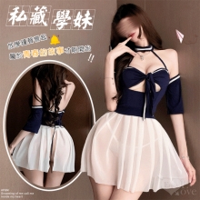公主感學生角色服|愛心鏤空剪裁 × 一字肩露肩 × 奶白連身蓬裙兩件組